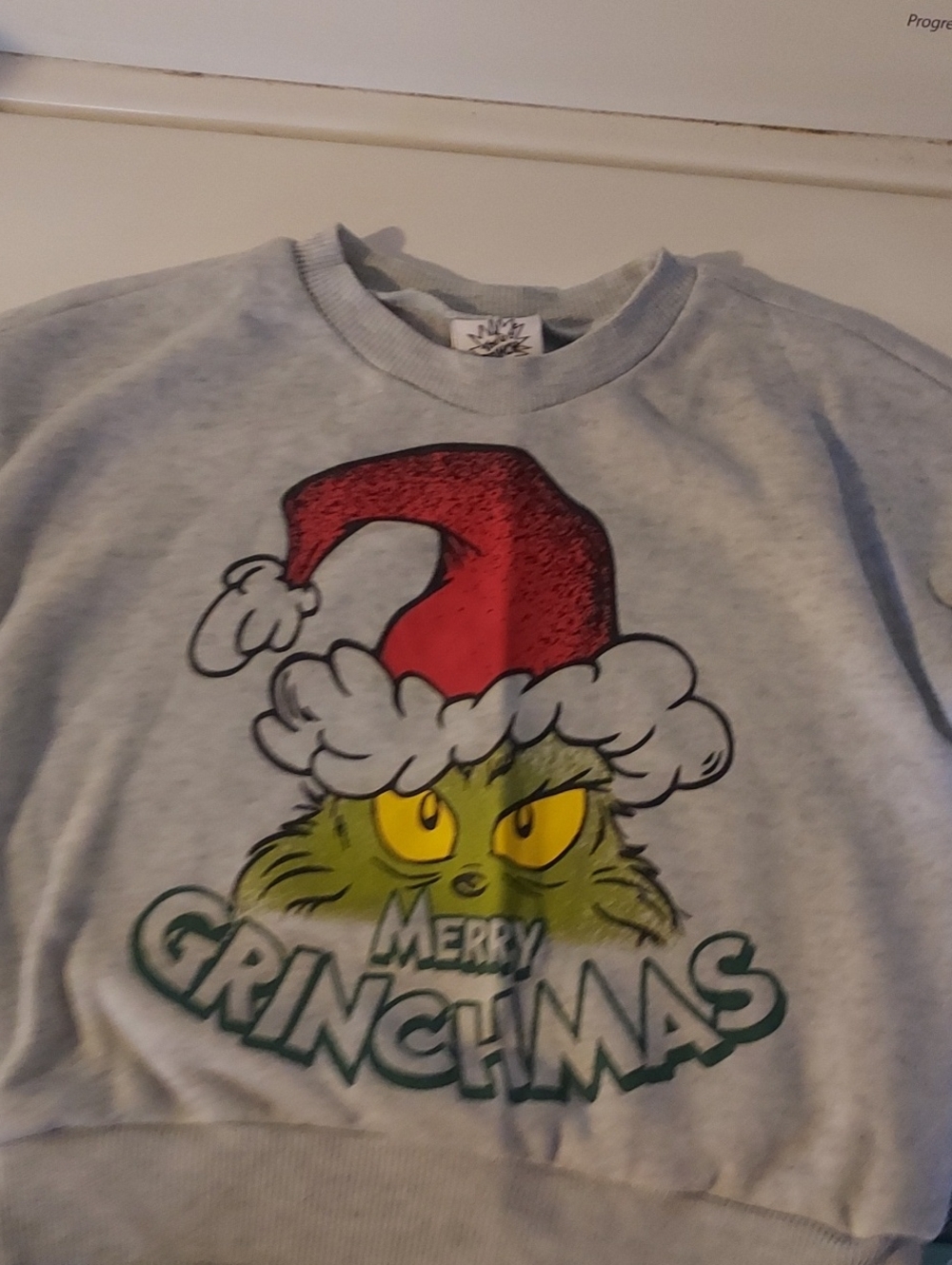 Dr. Seuss Light Gray Sweatshirt with Red & Green Grinch Graphic